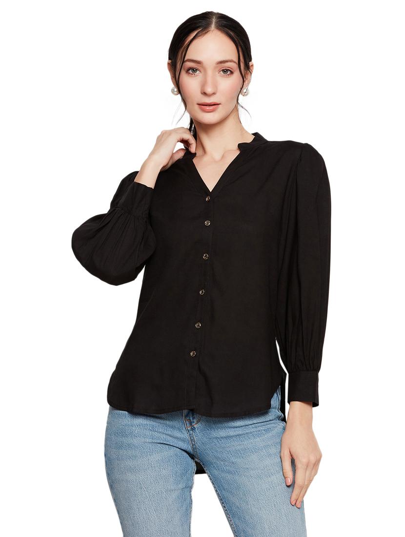 black solid puff sleeves shirt - 20404260 - Zoom Image - 0