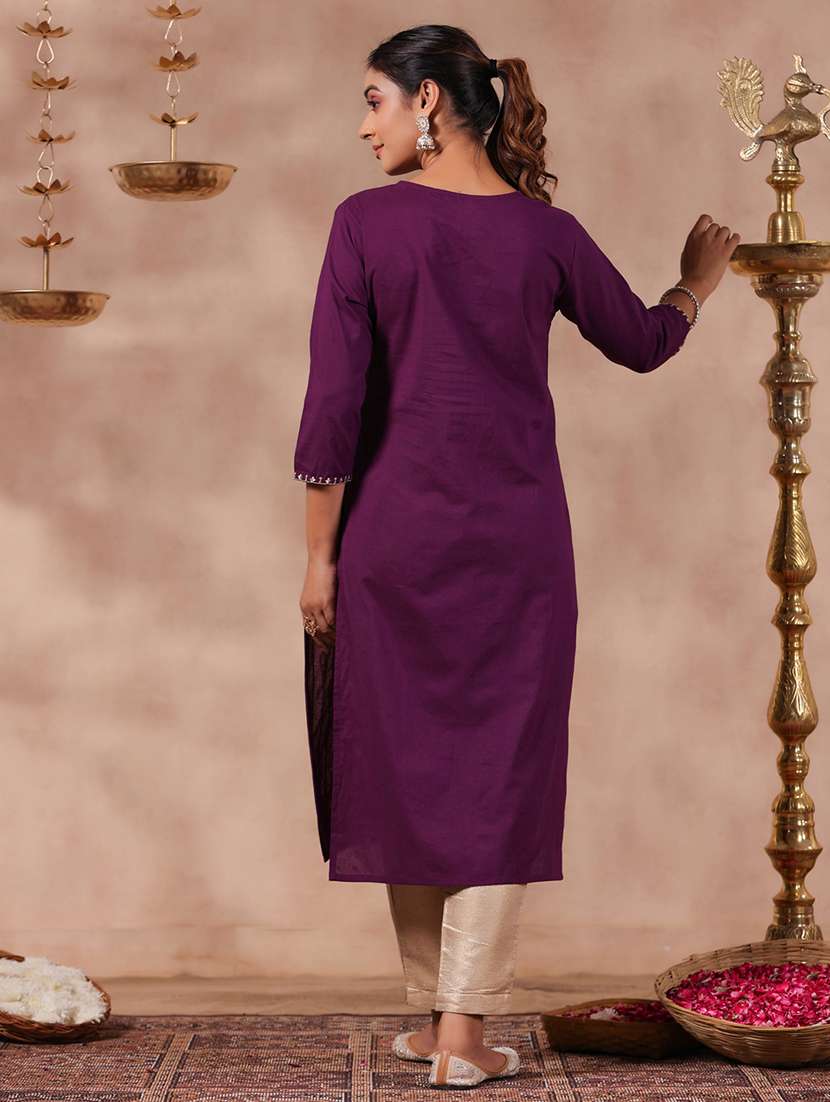 women purple notch neck straight kurta - 20404832 -  Standard Image - 2
