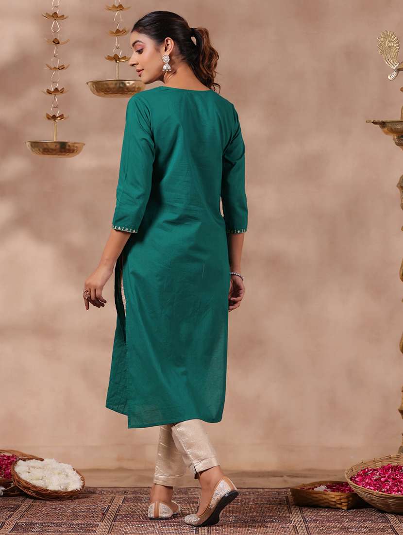 women green notch neck straight kurta - 20404833 -  Standard Image - 2