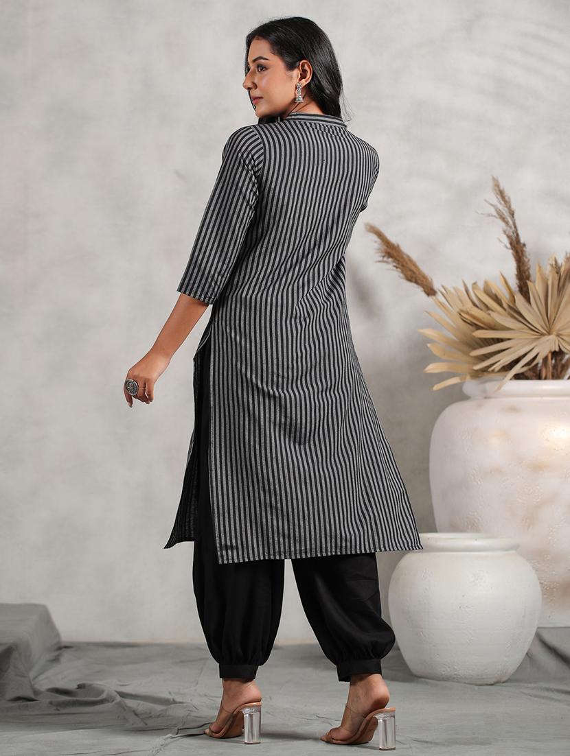 grey striped straight kurta - 20404838 - Standard Image - 2