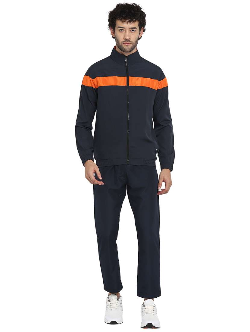 men color block navy blue polyester track pant ankle length track suit