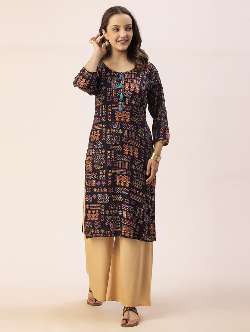women navy blue round neck straight kurta - 20405664 -  Zoom Image - 0