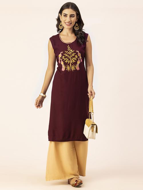 women burgundy round neck straight kurta - 20405672 -  Standard Image - 0
