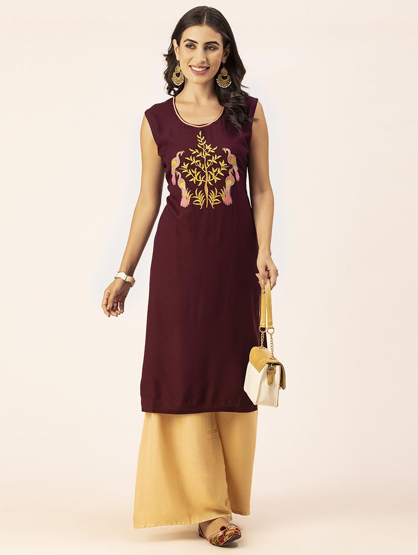 women burgundy round neck straight kurta - 20405672 -  Zoom Image - 0