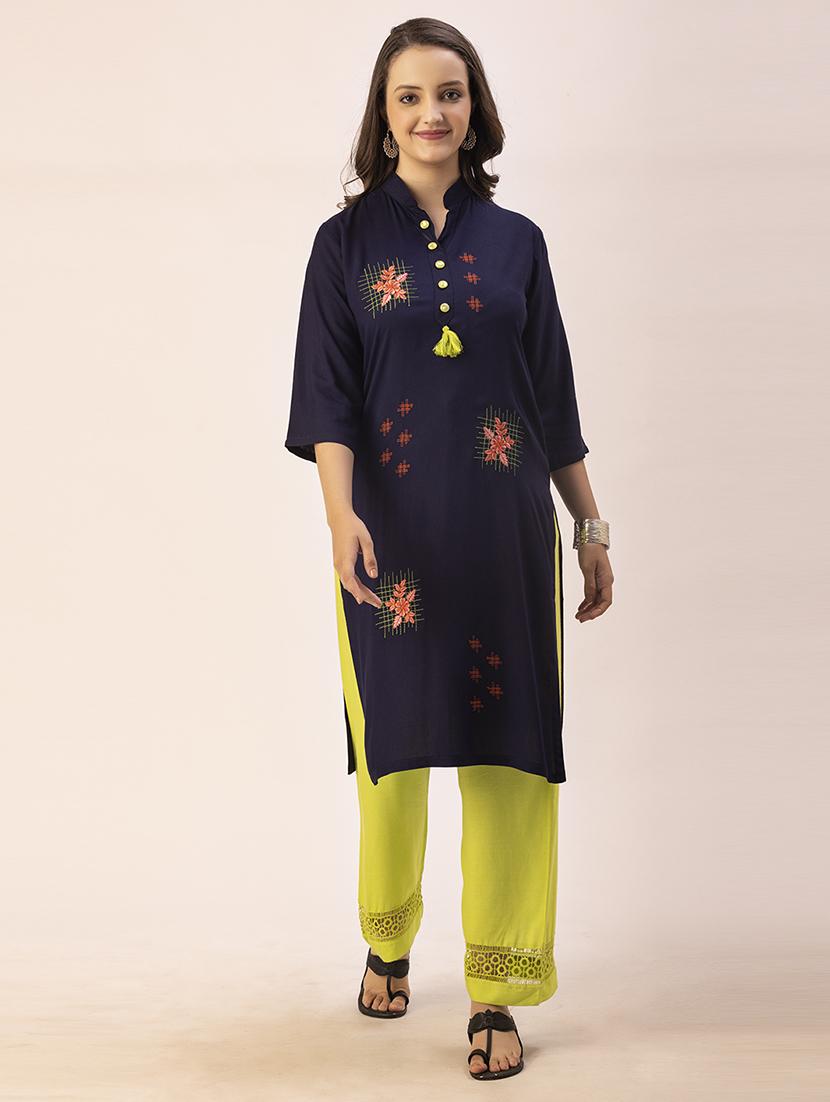 women navy blue mandarin neck straight kurta - 20405677 - Zoom Image - 0