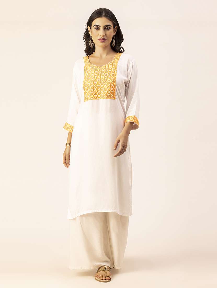 women off-white round neck straight kurta