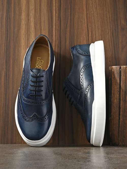 men solid navy blue lace up brogue shoe - 20405931 -  Standard Image - 0
