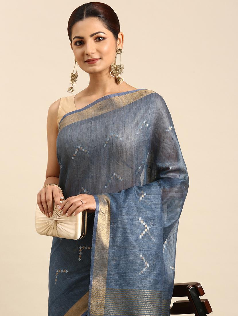 women's self design navy blue colored saree with blouse - 20406047 - Standard Image - 2