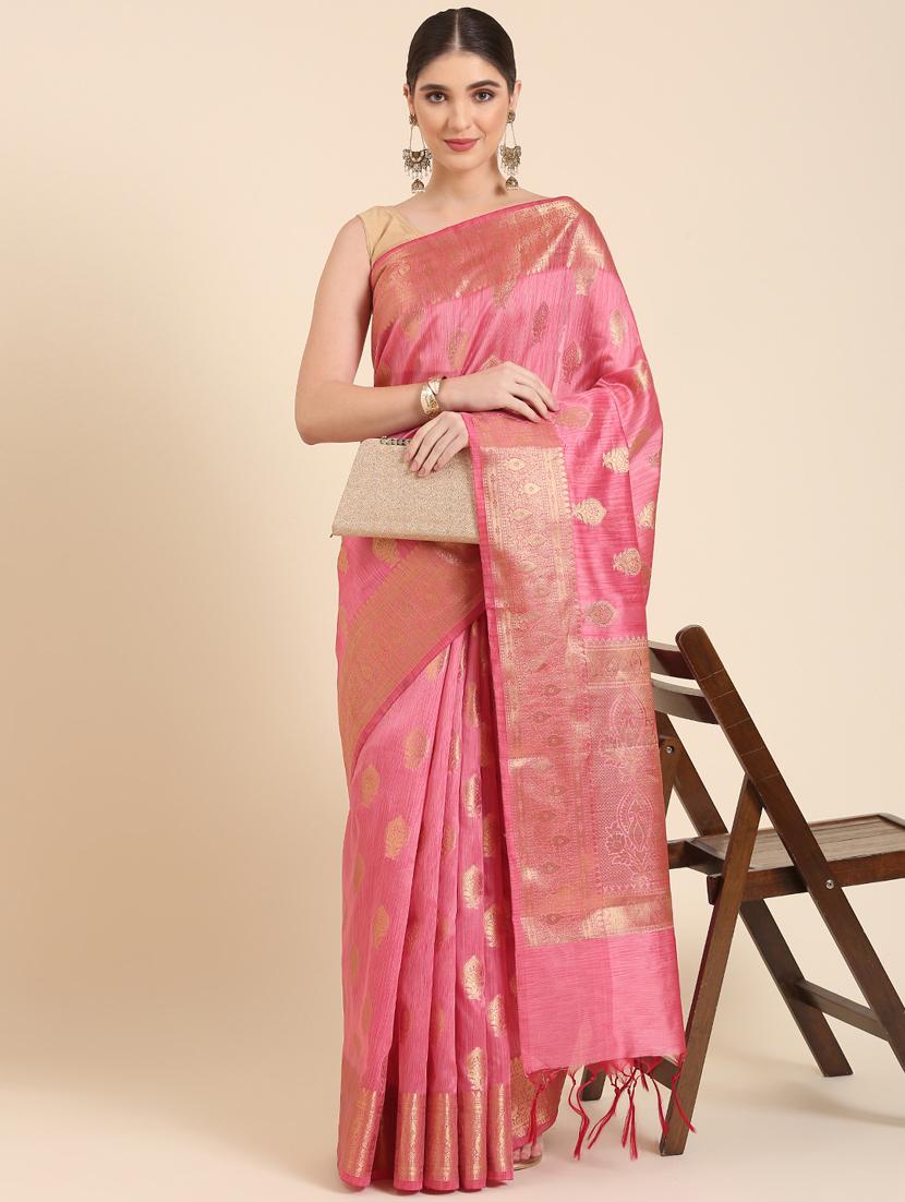pink self design banarasi saree with blouse - 20406091 -  Zoom Image - 0