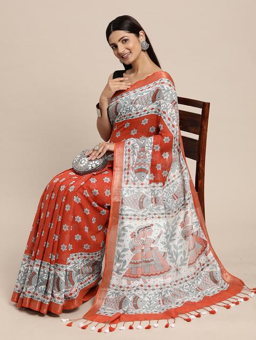 women's madhubani orange colored saree with blouse - 20406211 - Standard Image - 0