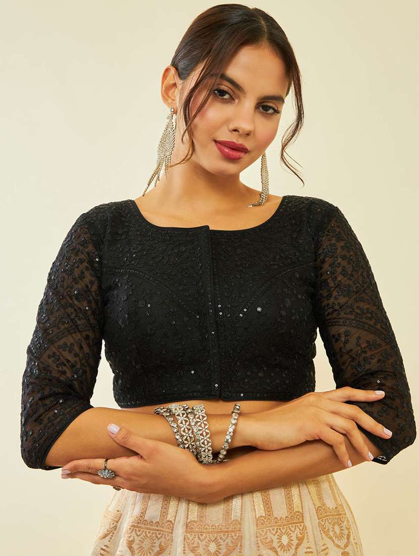 women black round neck stitched blouse