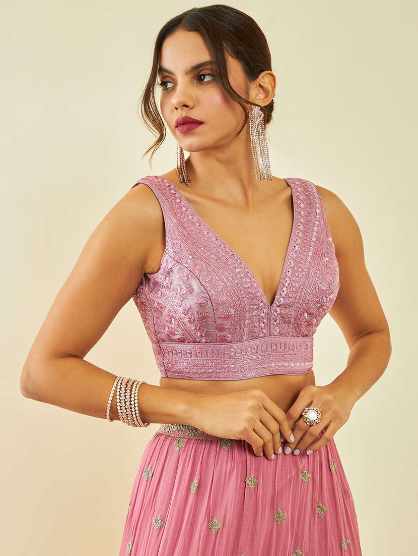 women pink v-neck stitched blouse