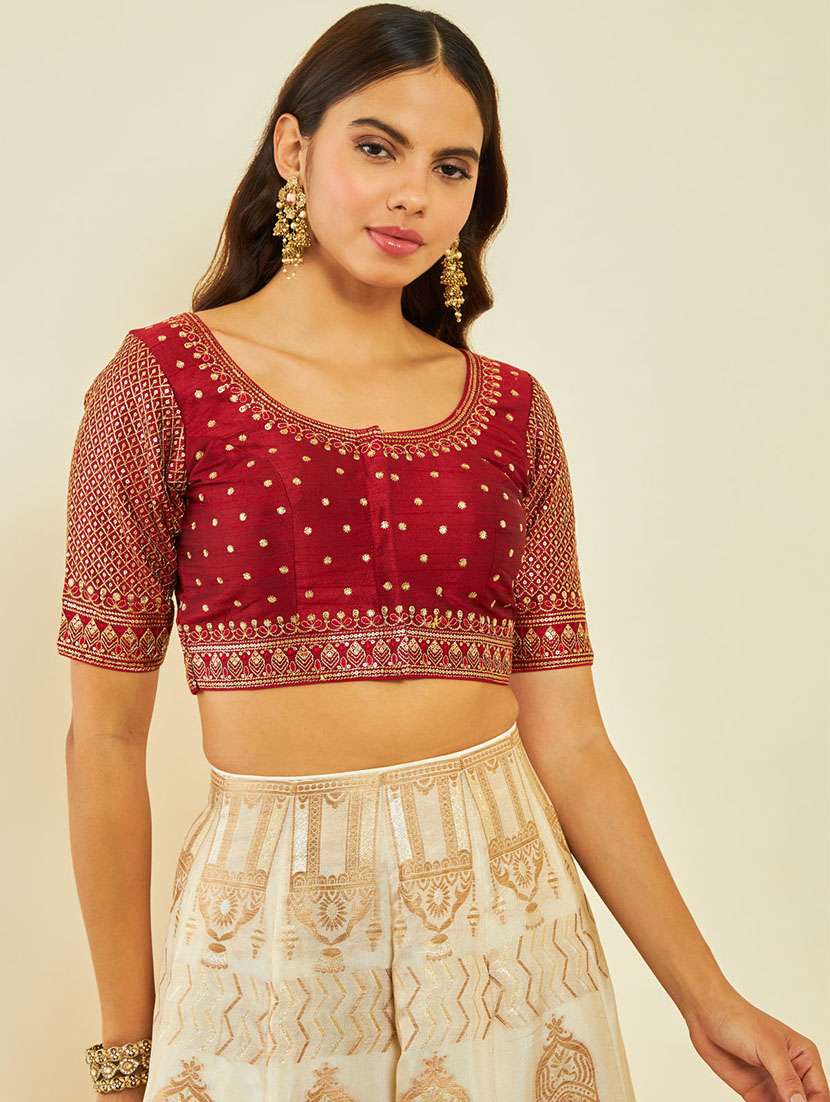 women maroon round neck stitched blouse