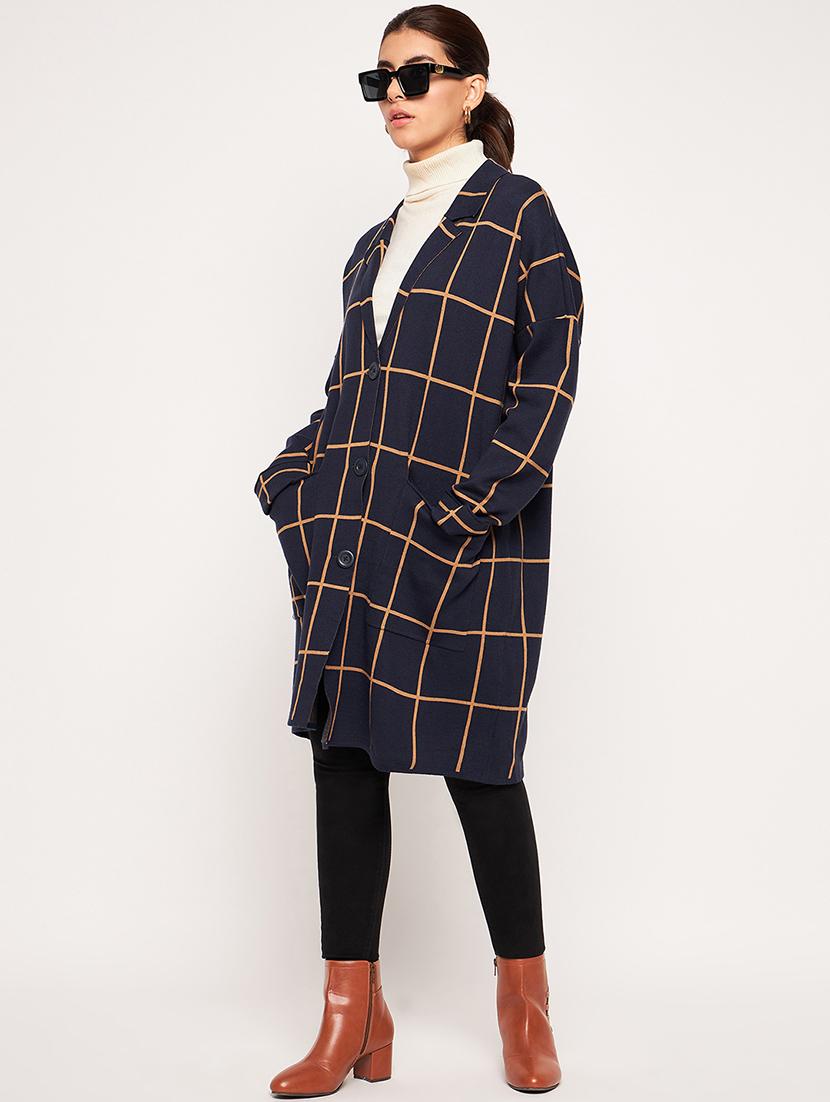 navy blue checks full sleeves overcoat - 20407161 - Standard Image - 2
