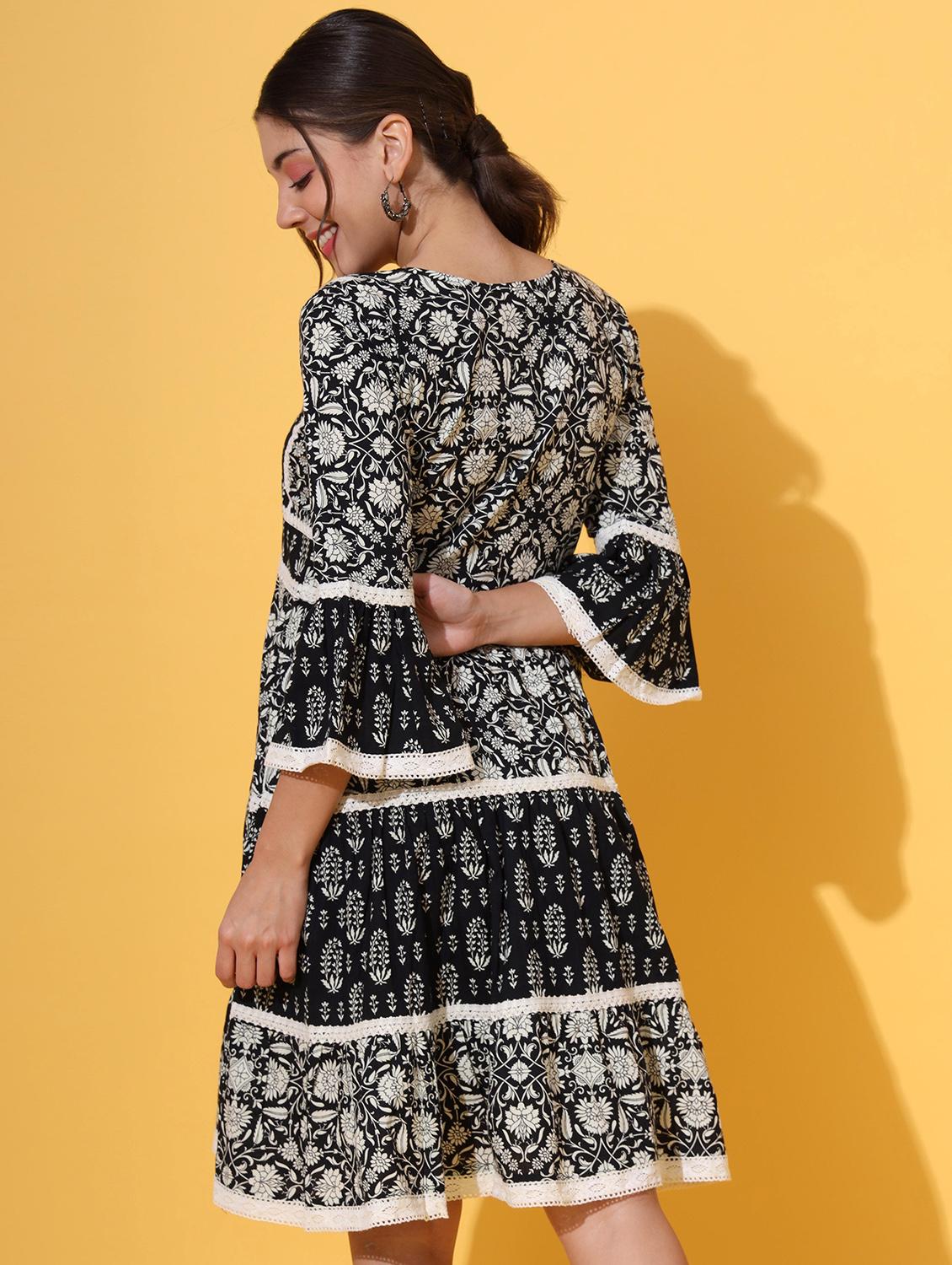 black printed lace detailed tiered dress - 20407211 - Standard Image - 2