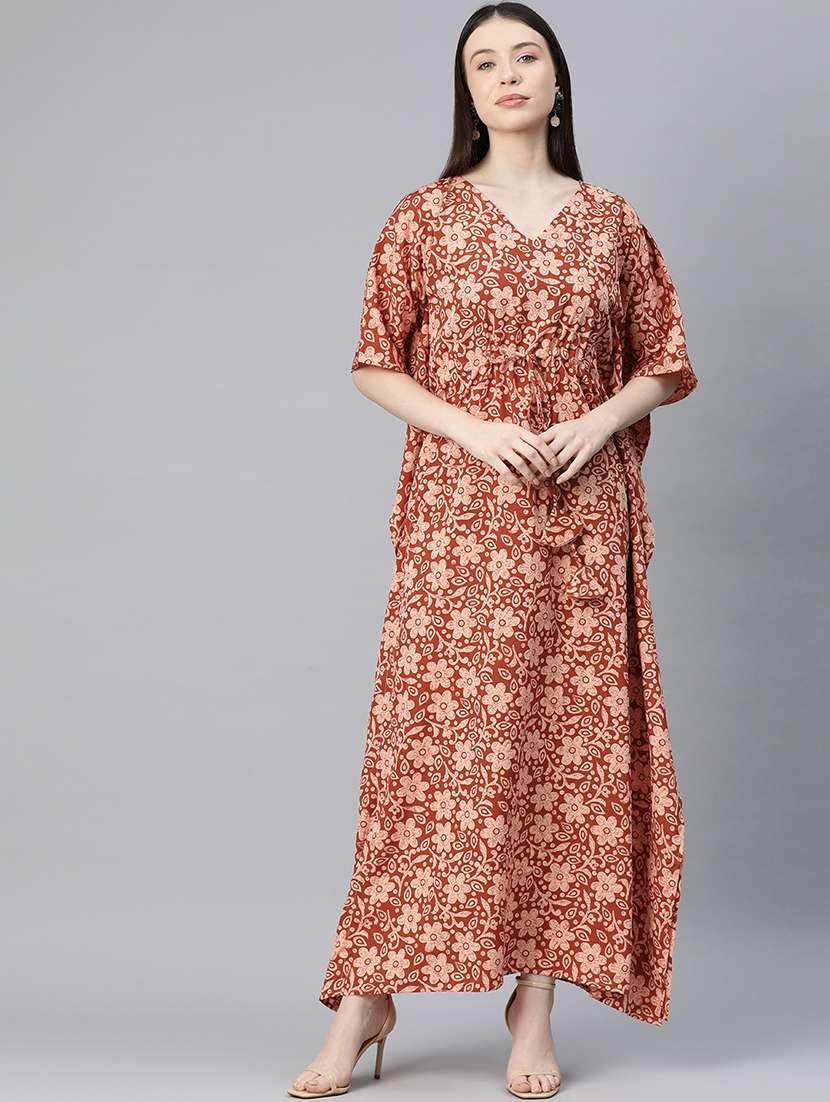 women v-neck floral printed kaftan dress