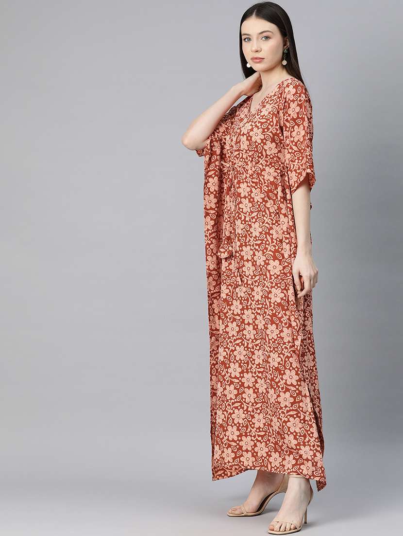 women v-neck floral printed kaftan dress - 20408614 -  Standard Image - 2