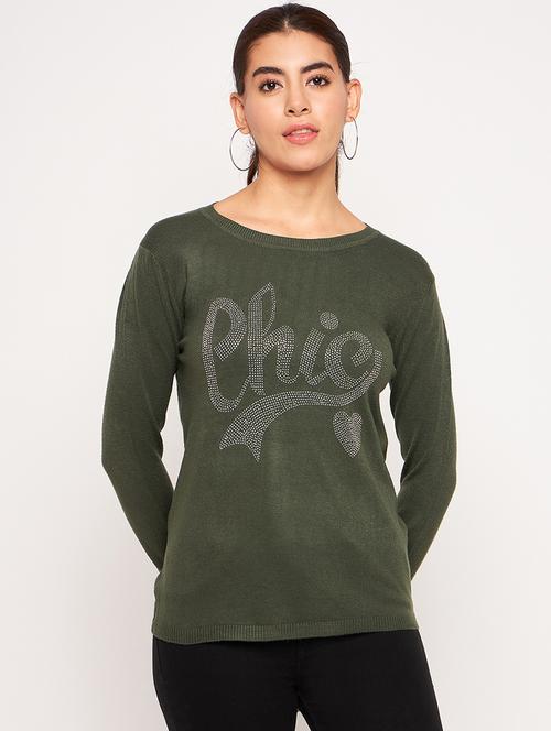 women olive green wool regular pullover - 20409206 - Standard Image - 0