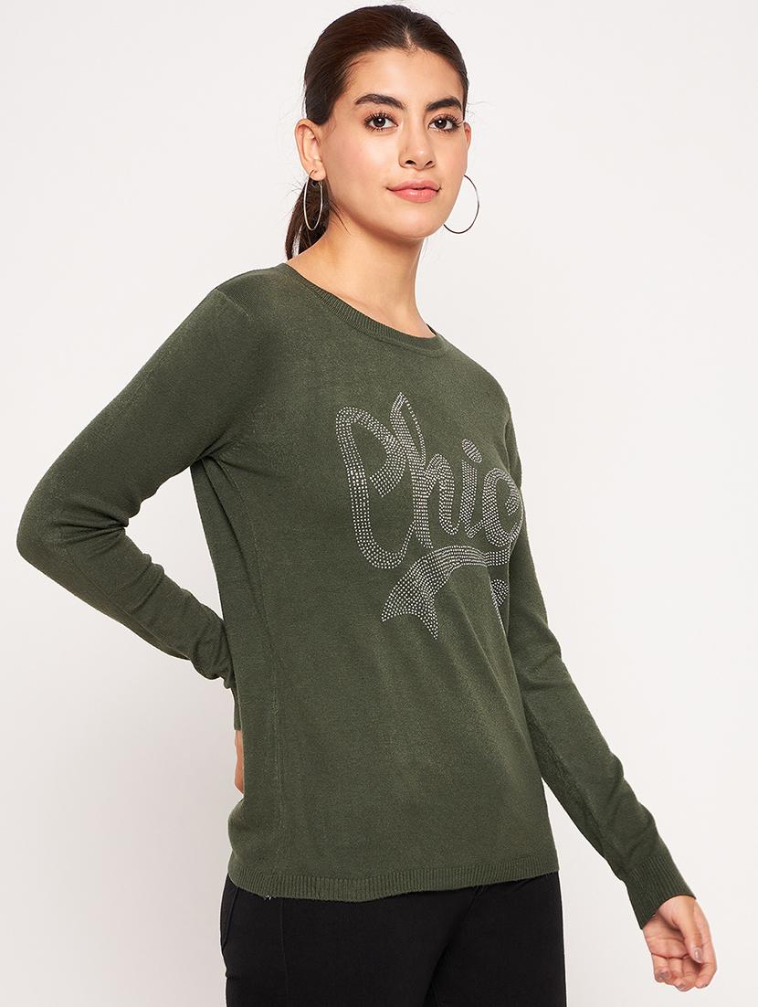 women olive green wool regular pullover - 20409206 - Standard Image - 2
