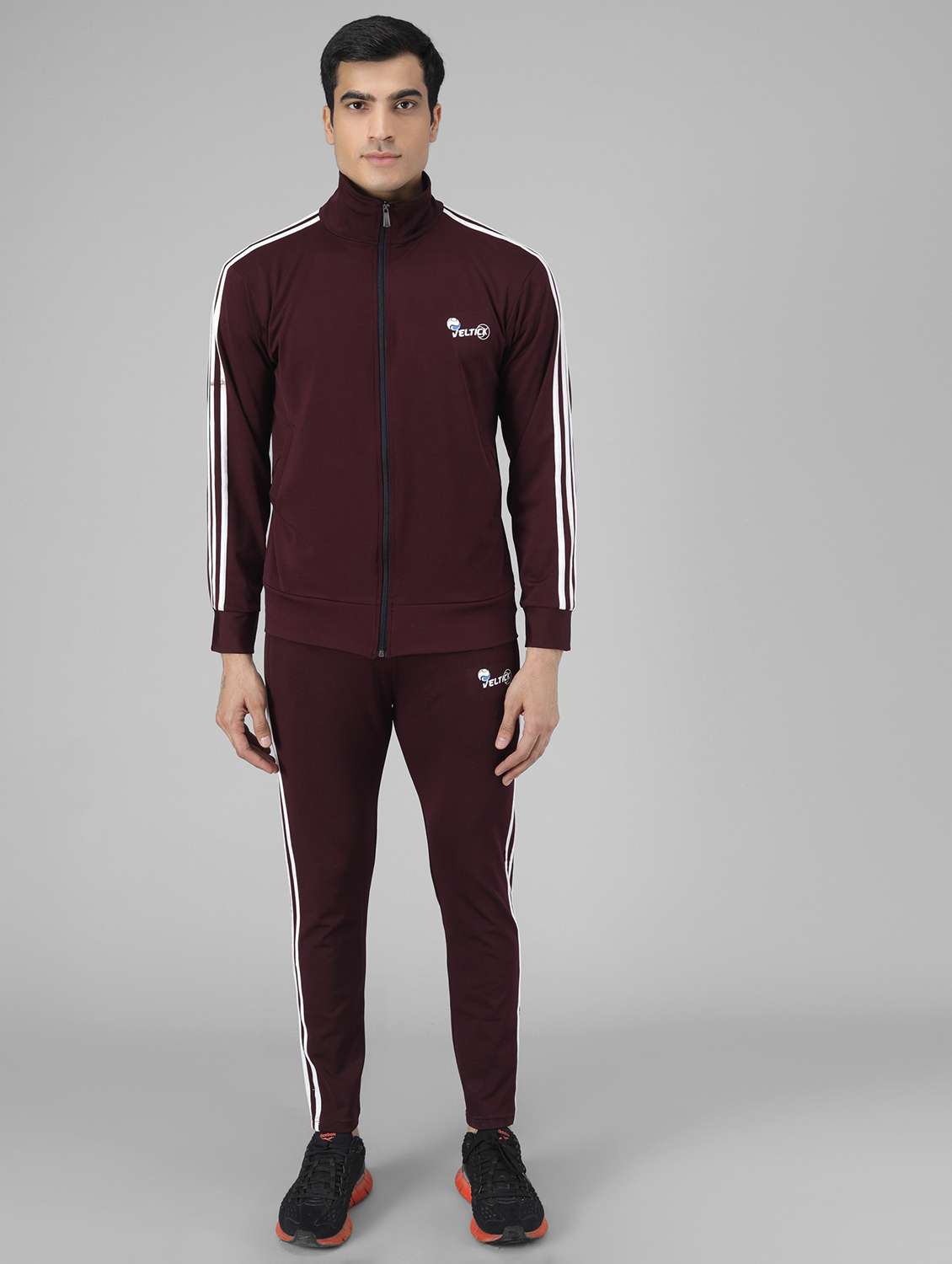 maroon taped ankle length track suit