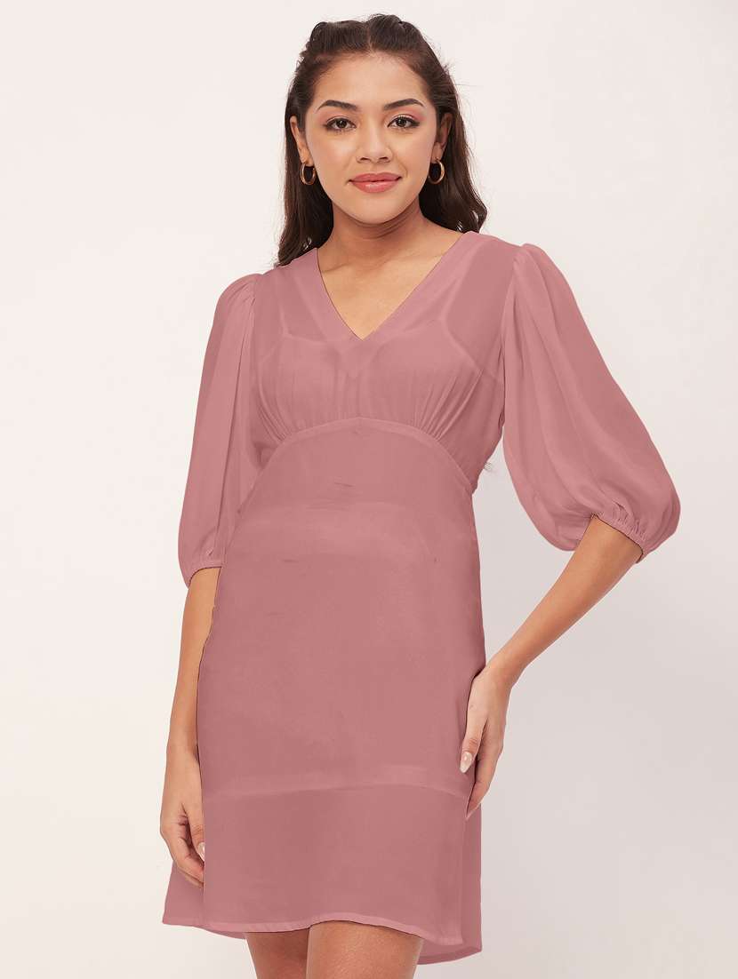 mauve solid puff sleeves a-line dress