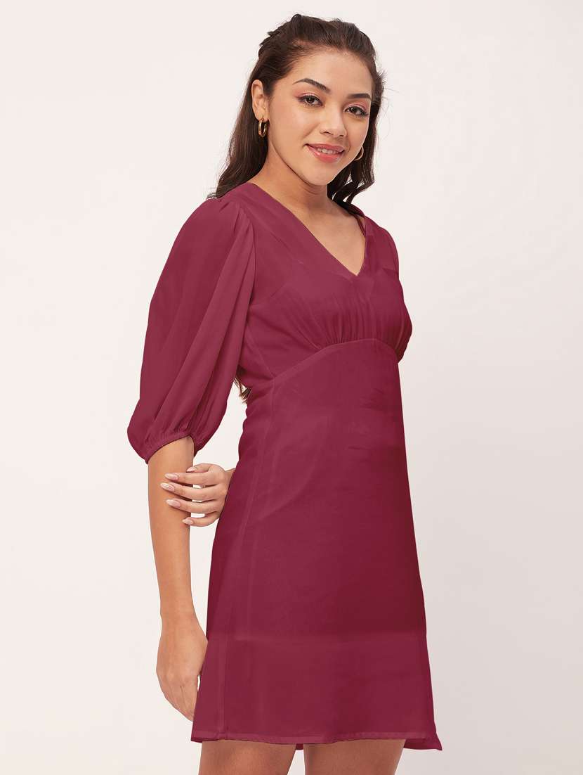 maroon solid puff sleeves a-line dress - 20409392 -  Standard Image - 2