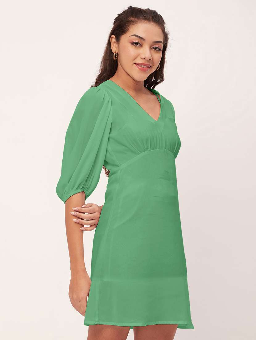 green solid puff sleeves a-line dress - 20409396 -  Standard Image - 2