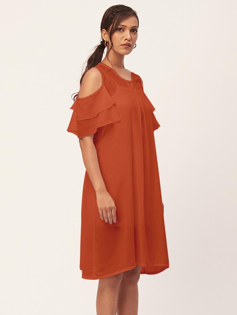 orange solid bell sleeves a-line dress - 20409397 - Standard Image - 2
