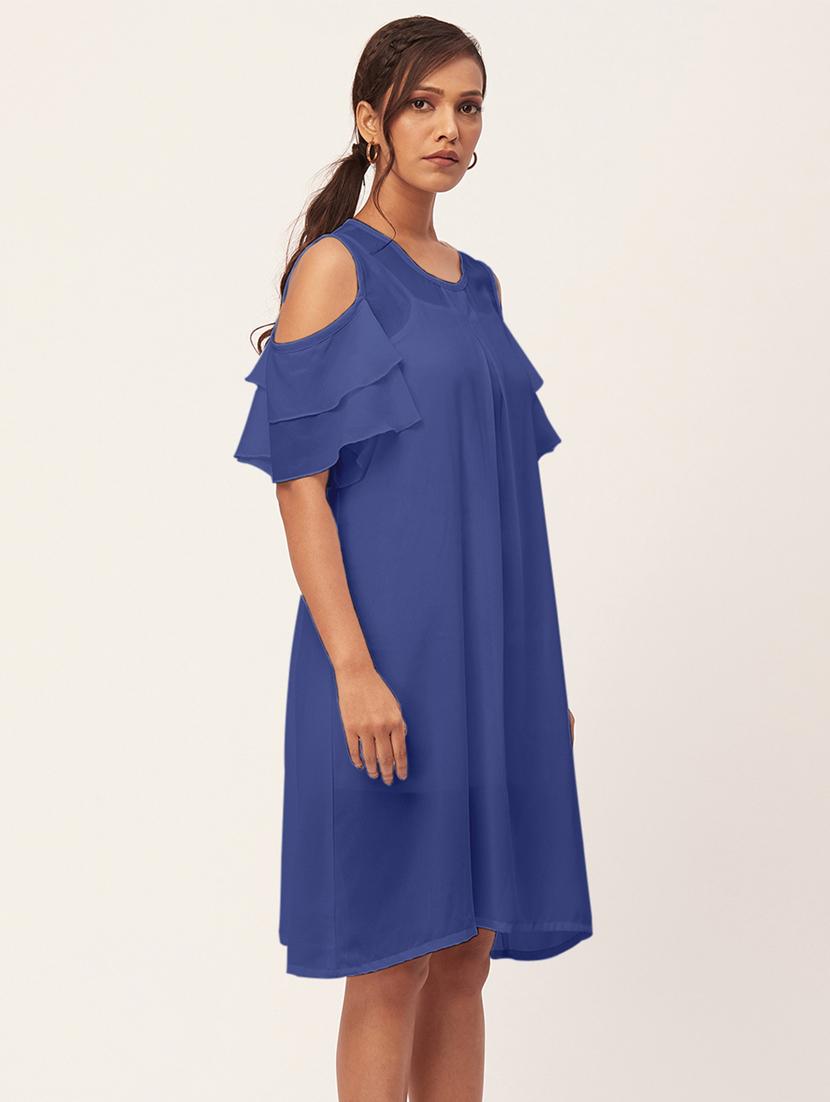 blue solid bell sleeves a-line dress - 20409400 - Standard Image - 2