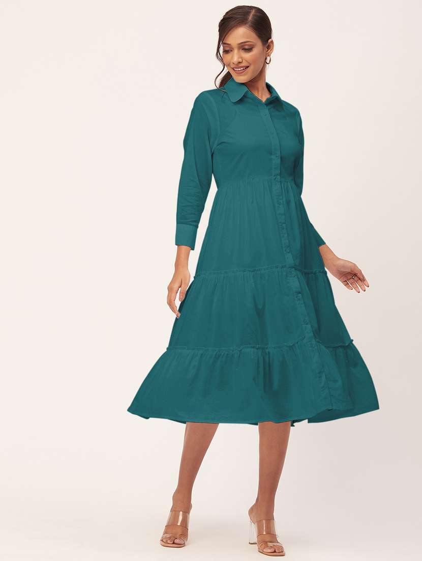 teal solid shirt collar tiered dress dress