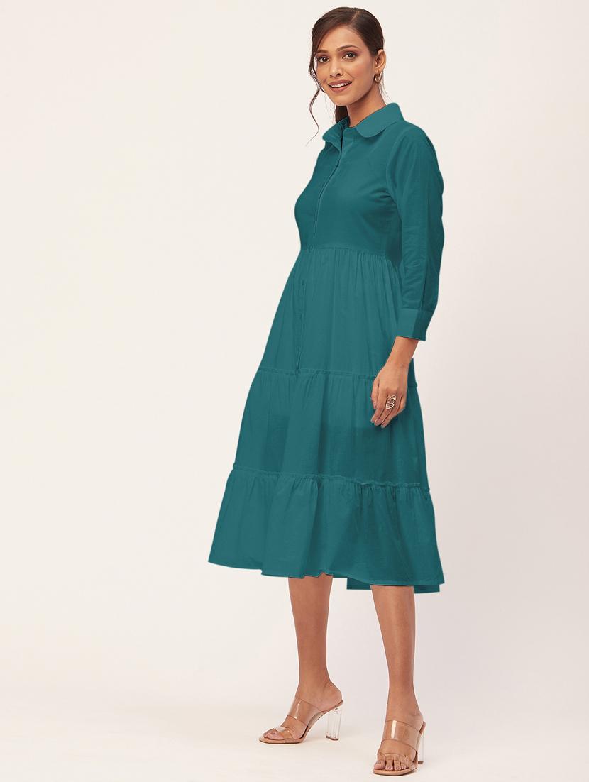 teal solid shirt collar tiered dress dress - 20409413 - Standard Image - 2