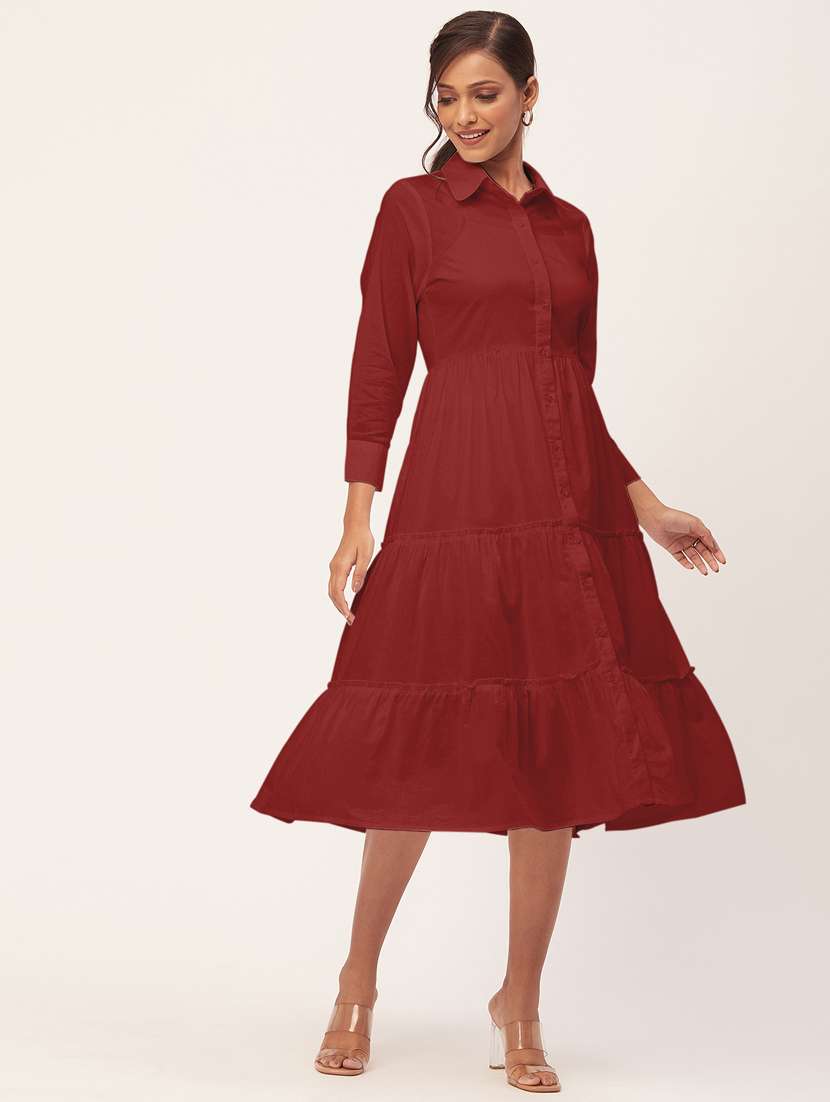 women red cotton tiered dress 