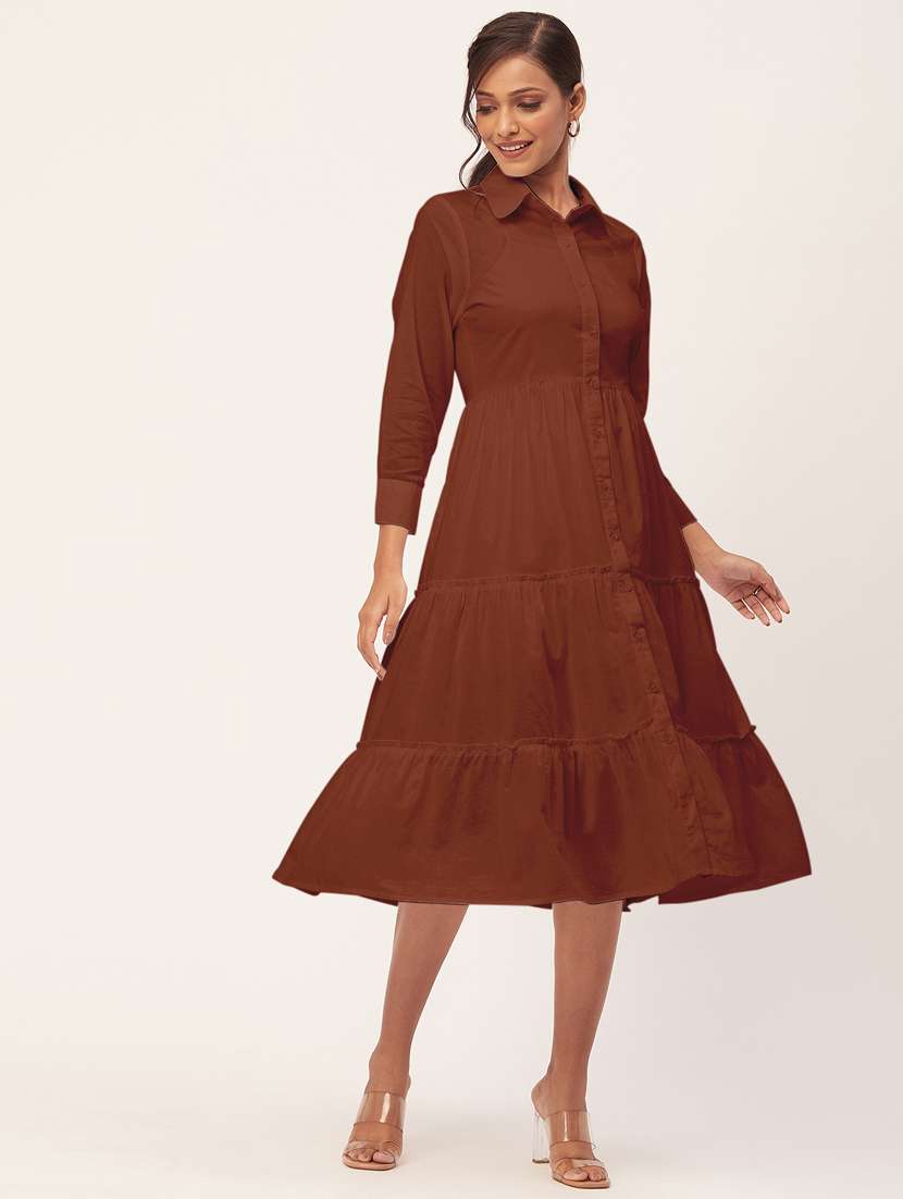 women brown cotton tiered dress 