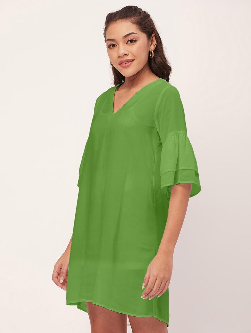 green solid bell sleeves a-line dress - 20409418 - Standard Image - 2