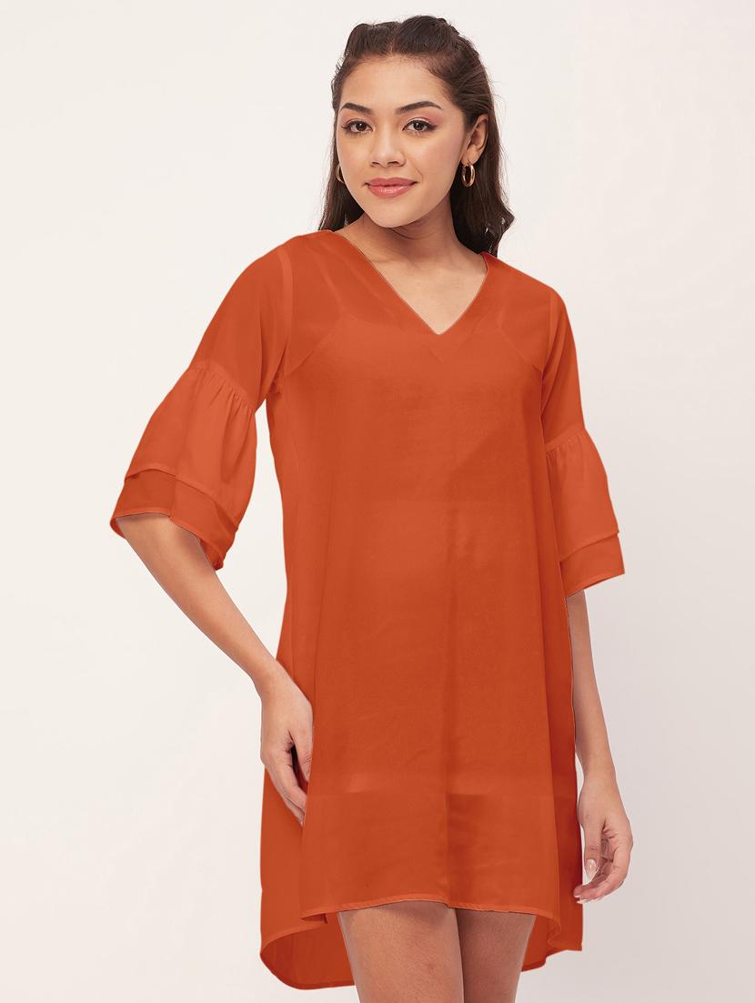 orange solid bell sleeves a-line dress - 20409419 -  Zoom Image - 0