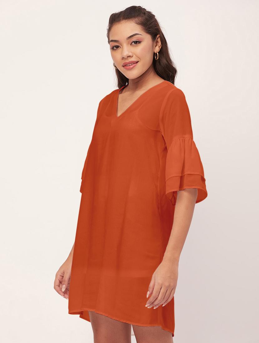 orange solid bell sleeves a-line dress - 20409419 - Standard Image - 2