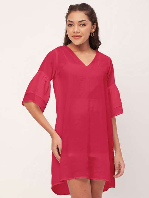 pink solid bell sleeves a-line dress - 20409420 - Standard Image - 0