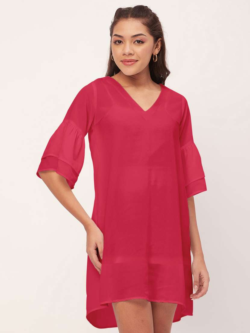 pink solid bell sleeves a-line dress - 20409420 - Zoom Image - 0