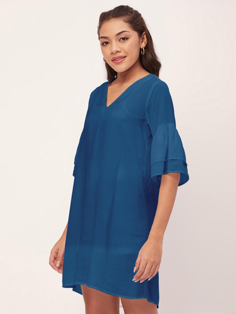 blue solid bell sleeves a-line dress - 20409423 - Standard Image - 2