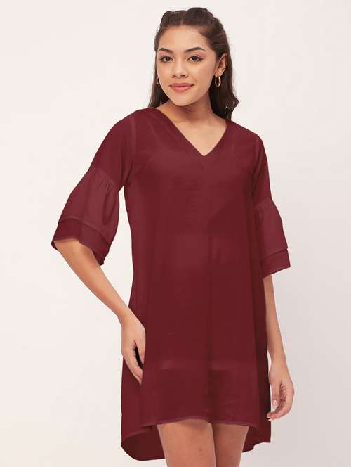 maroon solid bell sleeves a-line dress - 20409424 -  Standard Image - 0