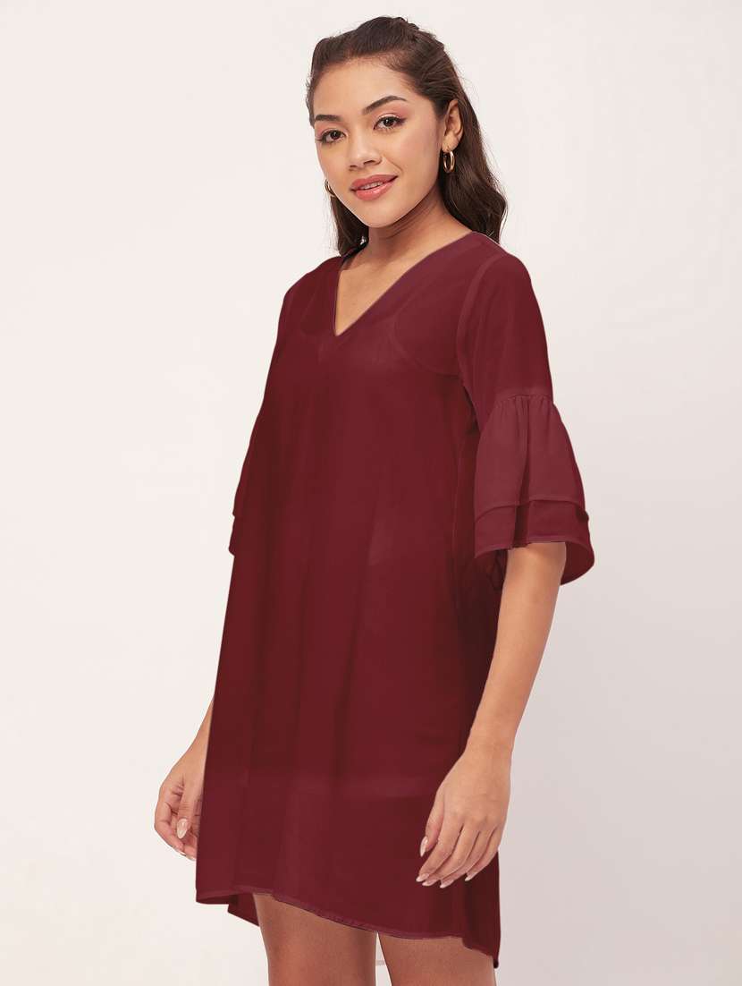 maroon solid bell sleeves a-line dress - 20409424 -  Standard Image - 2