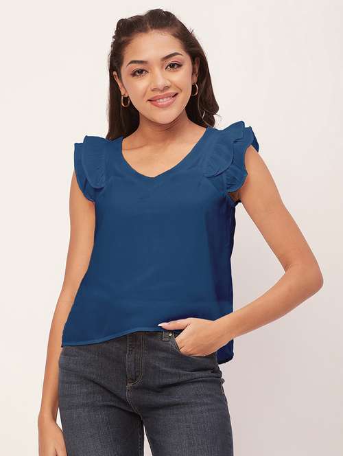 women blue poly moss straight top - 20409561 - Standard Image - 0