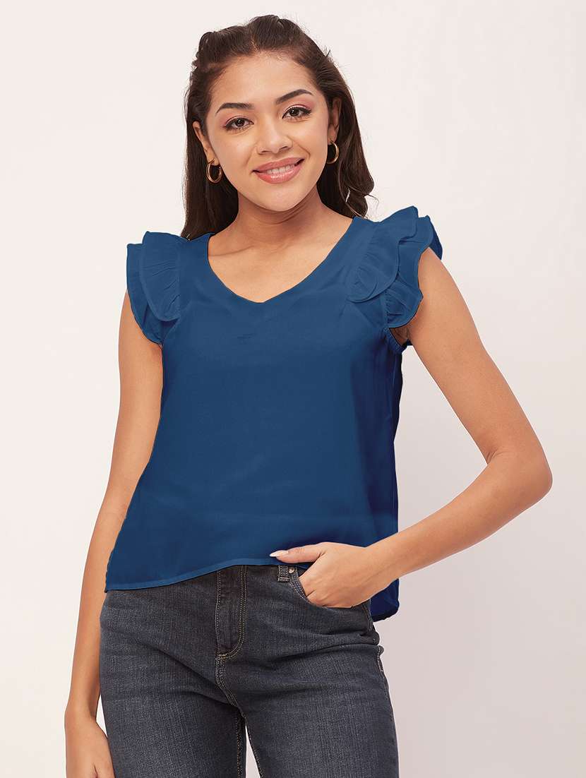 women blue poly moss straight top - 20409561 - Zoom Image - 0