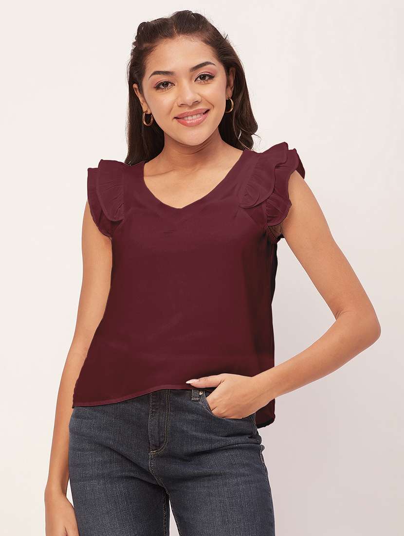 women maroon poly moss straight top