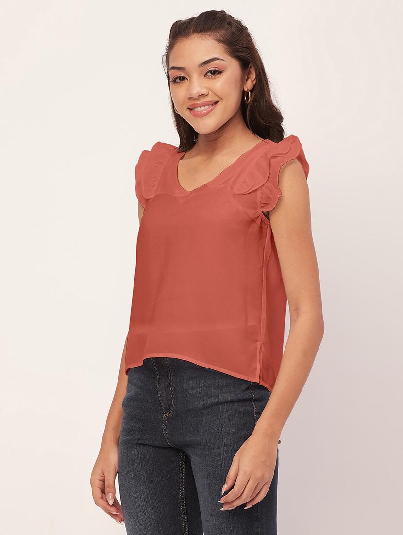 women peach v neck straight top - 20409565 - Standard Image - 2
