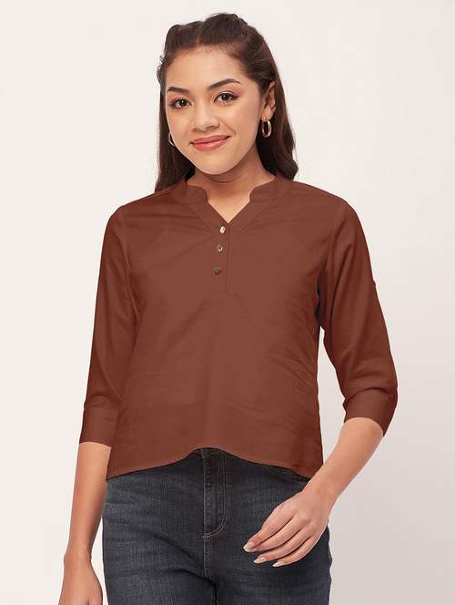 women brown satin regular top - 20409569 -  Standard Image - 0