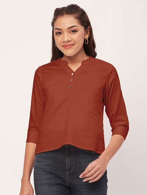 women brown satin regular top - 20409572 - Standard Image - 0
