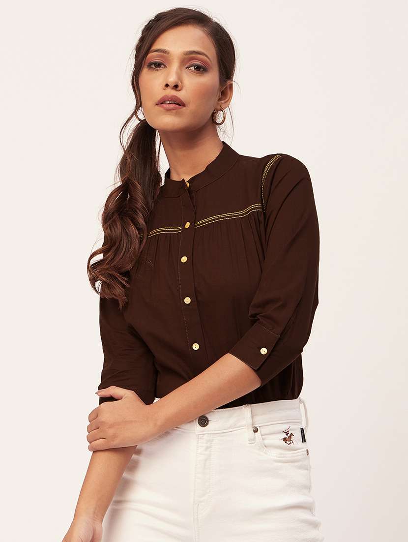 women brown cotton straight top