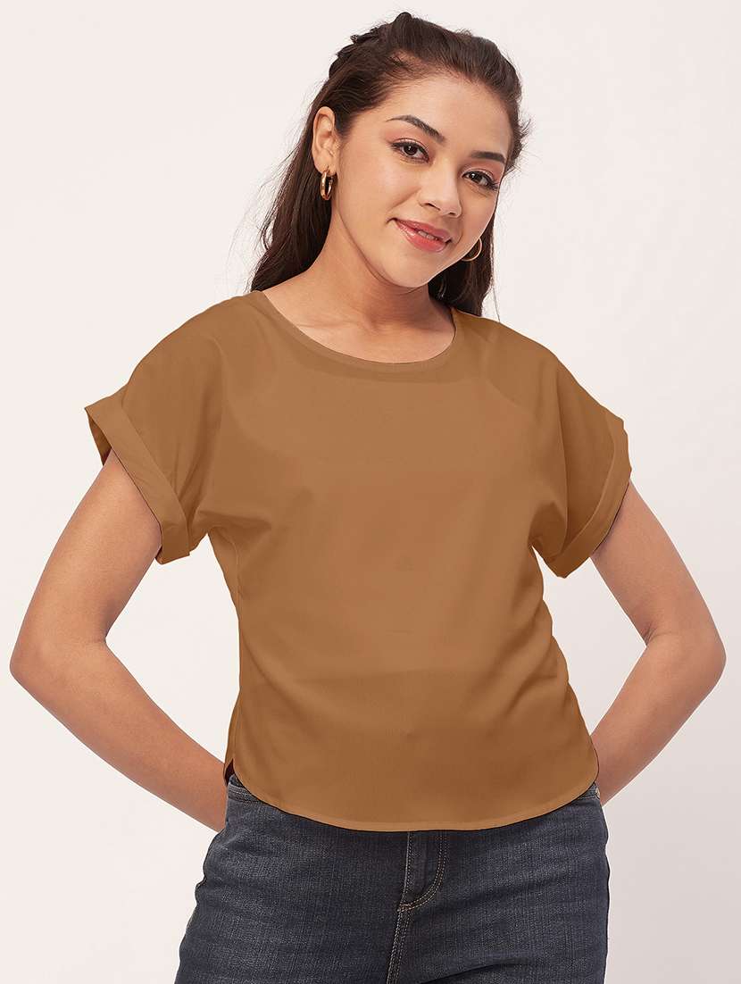 women brown crepe blouson top