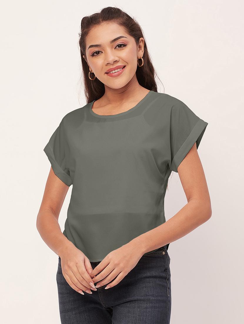 women grey crepe blouson top - 20409581 -  Zoom Image - 0
